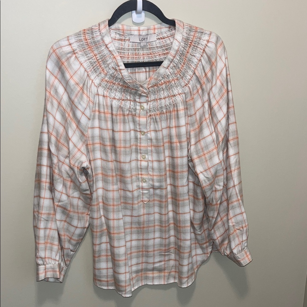 LOFT Women's White and Orange Plaid Blouse